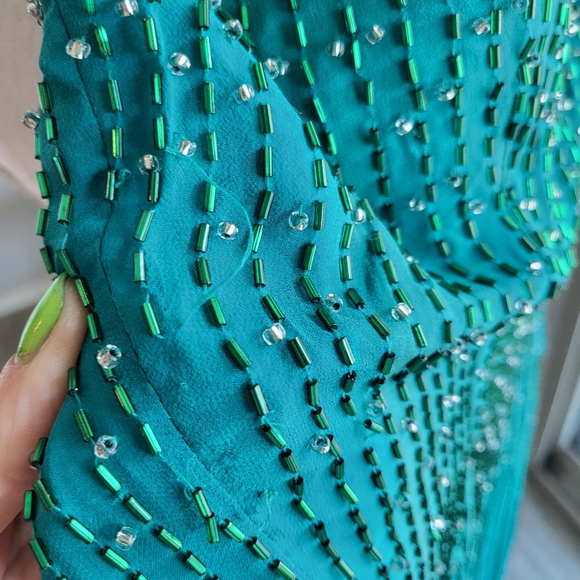 90s Turquoise Teal sequin Beaded Open Back Prom Dance Pageant Dress gown - Picture 9 of 11